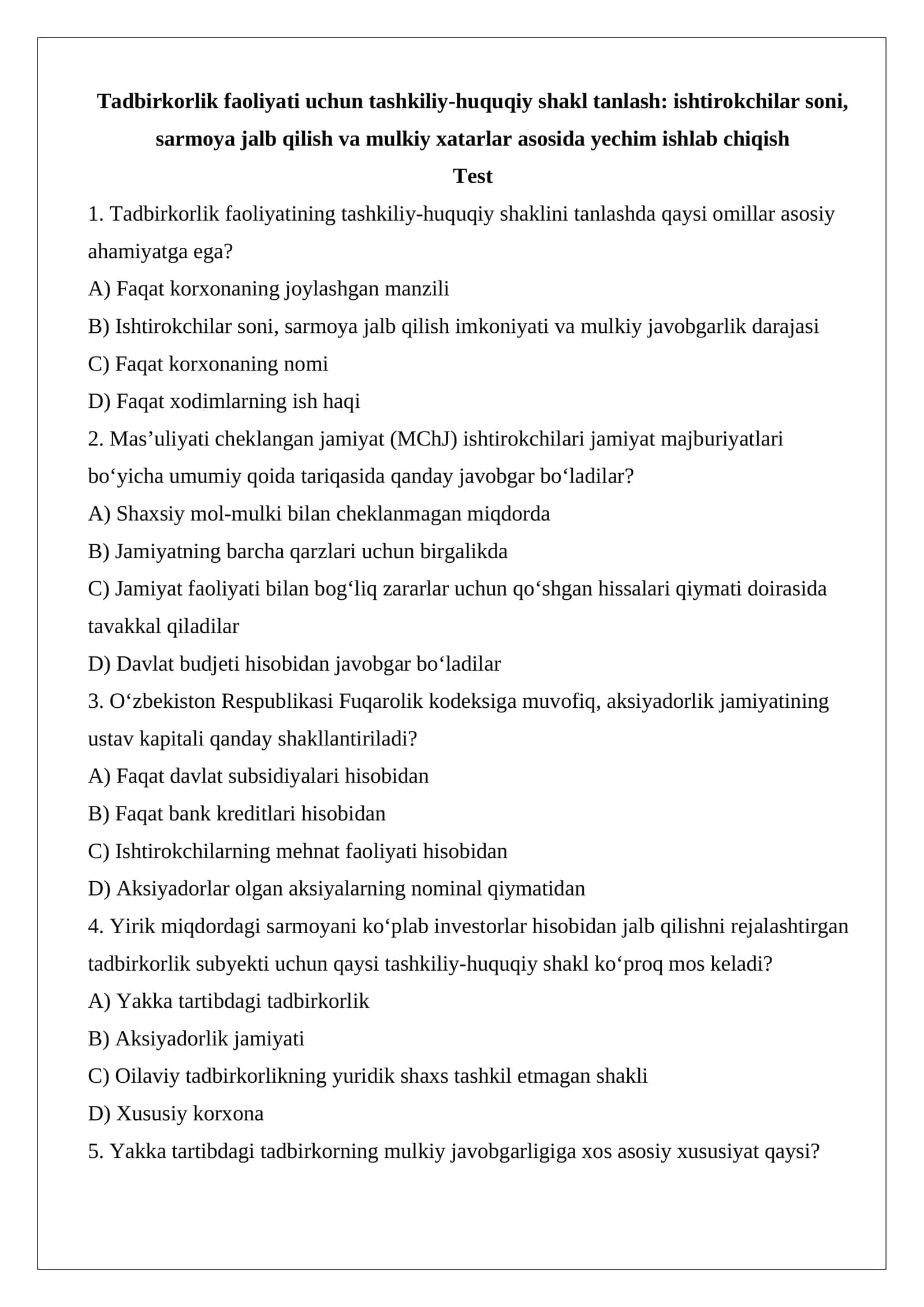Tadbirkorlik faoliyati uchun tashkiliy-huquqiy shakl tanlash ishtirokchilar soni, sarmoya jalb qilish va mulkiy xatarlar asosida yechim ishlab chiqish.docx 1