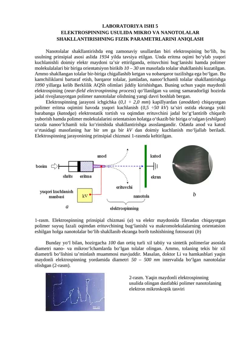 ELEKTROSPINNING USULIDA MIKRO VA NANOTOLALAR SHAKLLANTIRISHNING FIZIK PARAMETRLARINI ANIQLASH 1