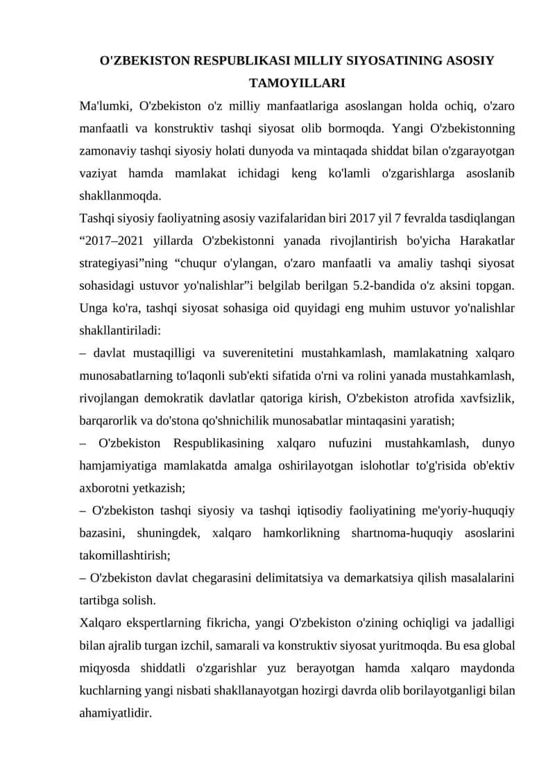 O'ZBEKISTON RESPUBLIKASI MILLIY SIYOSATINING ASOSIY TAMOYILLARI 1