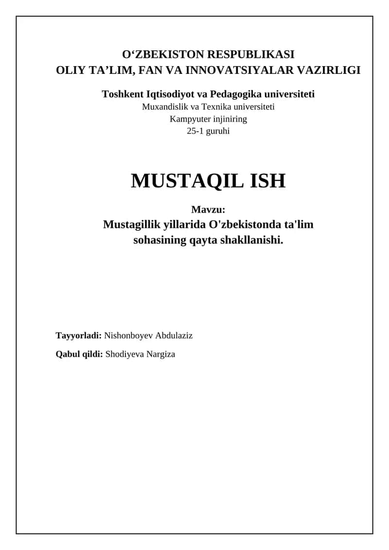 Mustagillik yillarida O'zbekistonda ta'lim sohasining qayta shakllanishi 1