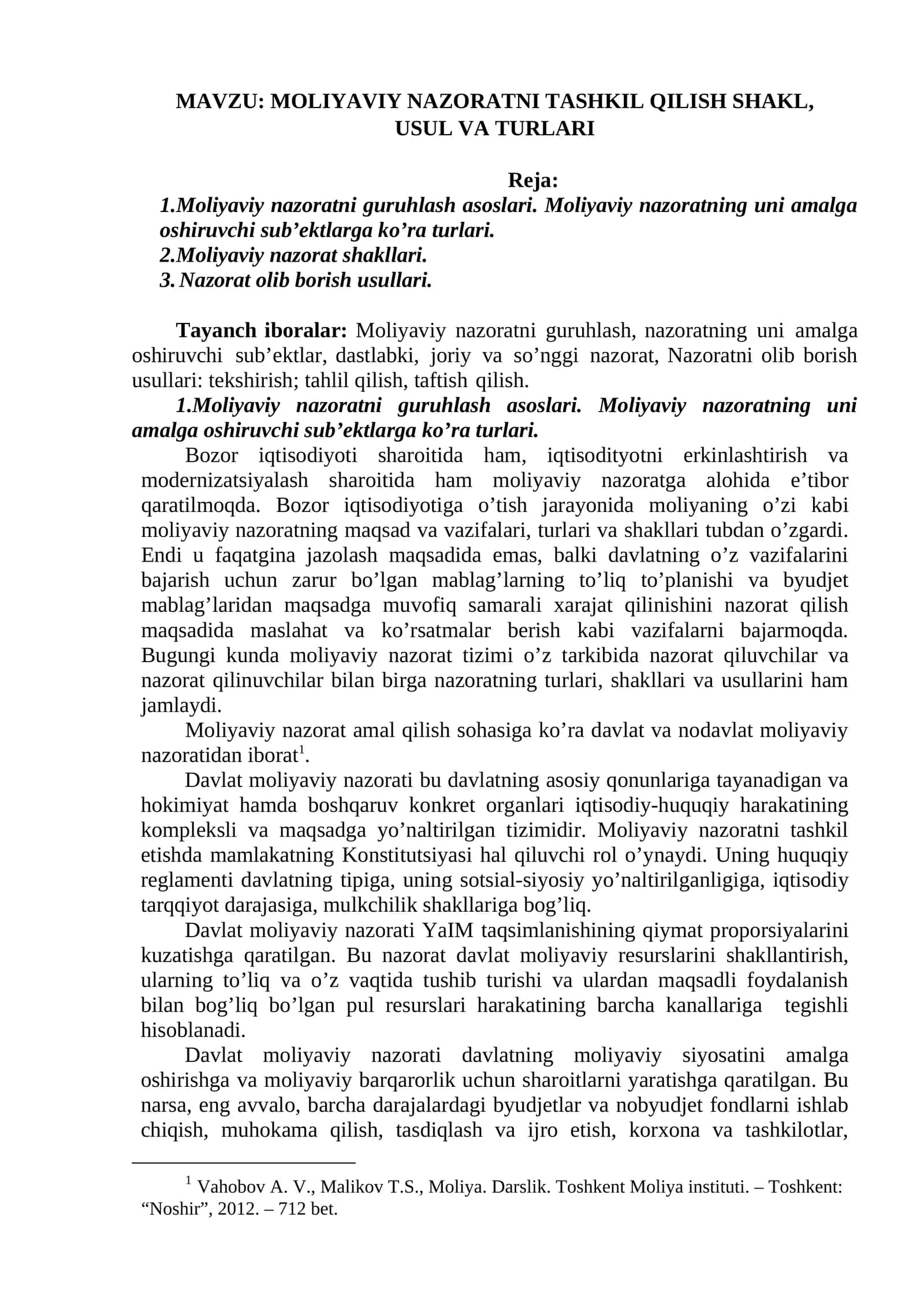Moliyaviy nazoratni tashkil qilish shakl, usul va turlari 1