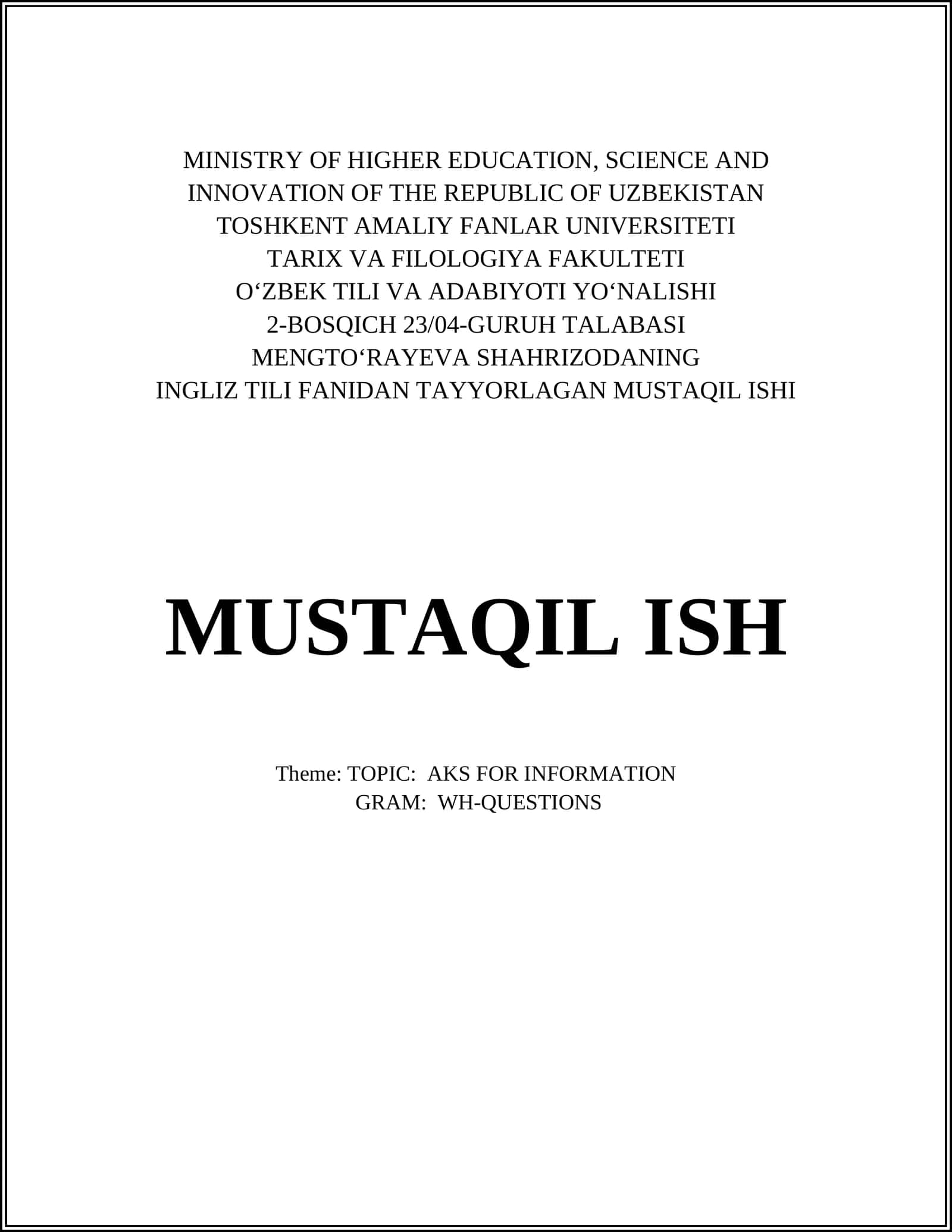 INGLIZ TILI FANIDAN TAYYORLAGAN MUSTAQIL ISHI 1