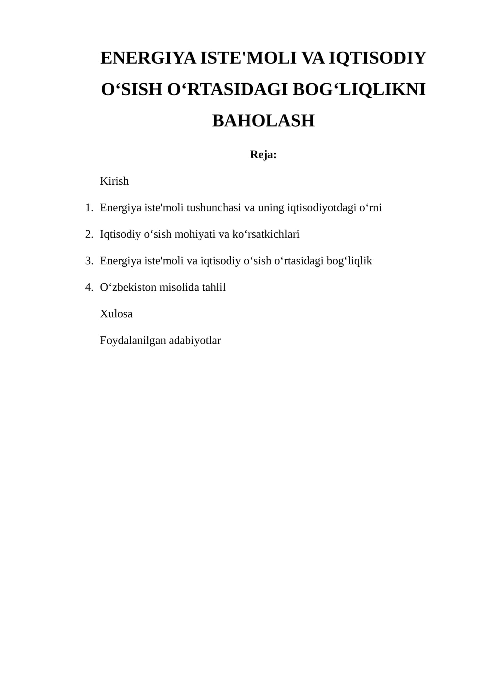 ENERGIYA ISTE'MOLI VA IQTISODIY O‘SISH O‘RTASIDAGI BOG‘LIQLIKNI BAHOLASH 1