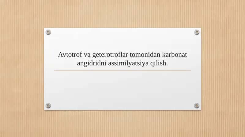 Avtotrof va geterotroflar tomonidan karbonat angidridni assimilyatsiya qilish. 1