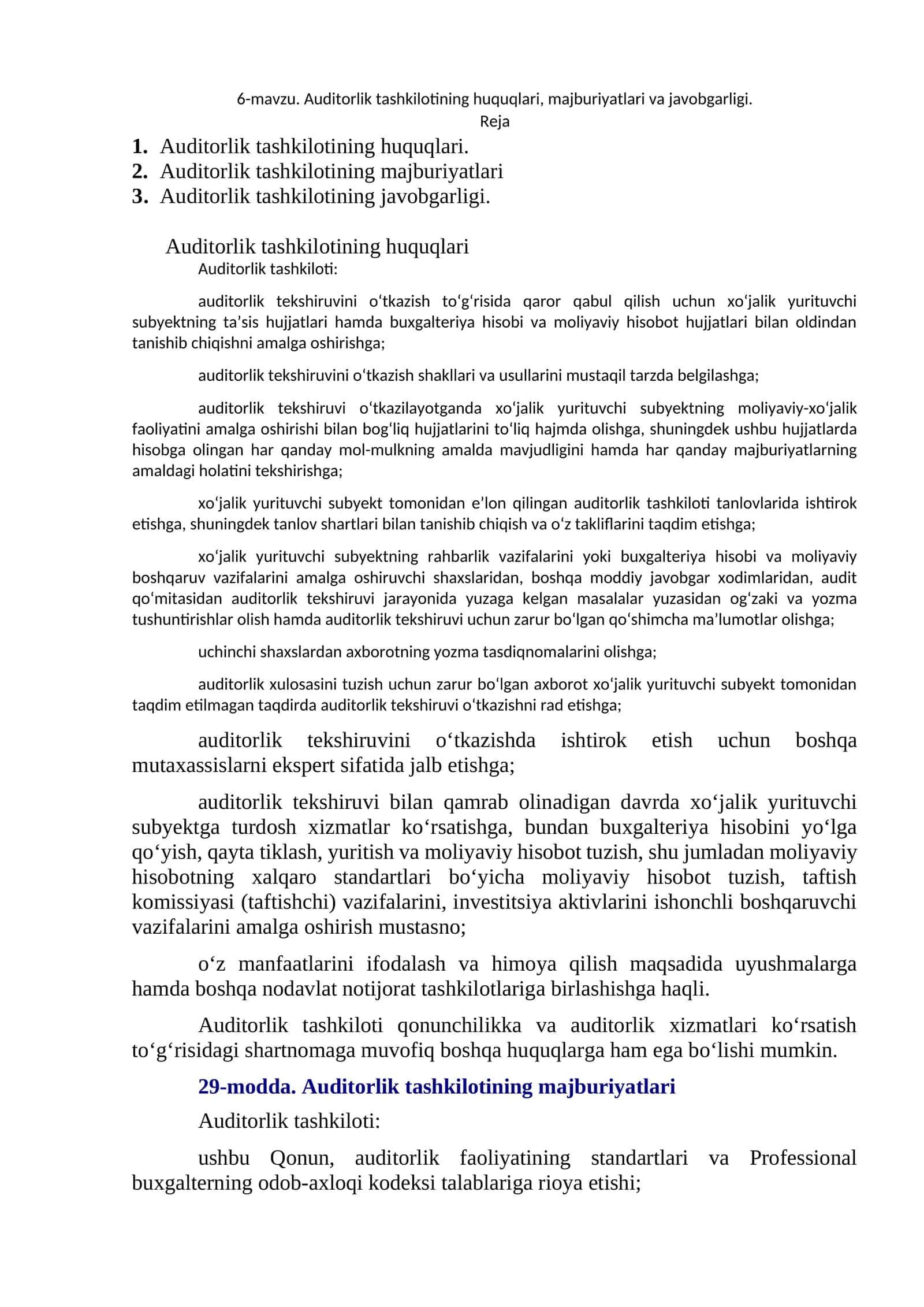 Auditorlik tashkilotining huquqlari, majburiyatlari va javobgarligi 1
