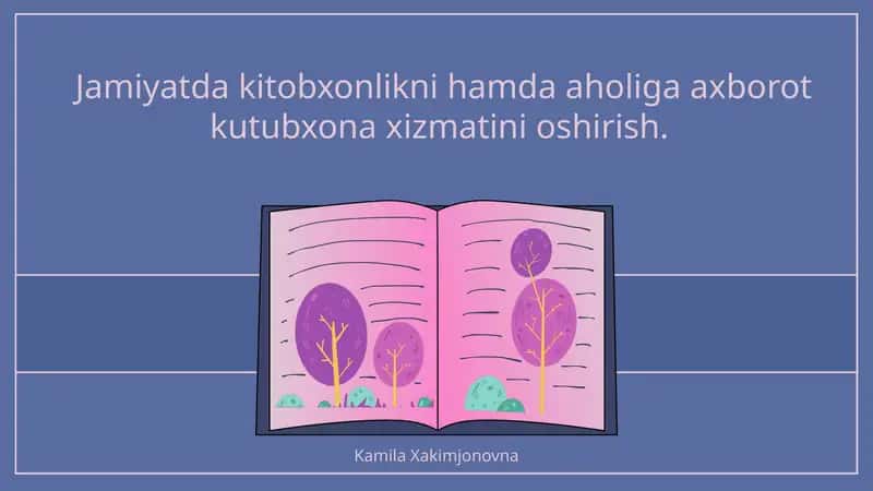 Jamiyatda kitobxonlikni hamda aholiga axborot kutubxona xizmatini oshirish. 1