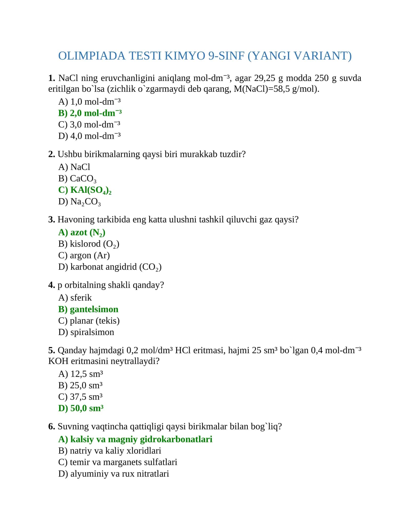 9 sinf Kimyo olimpiada test savollari 1
