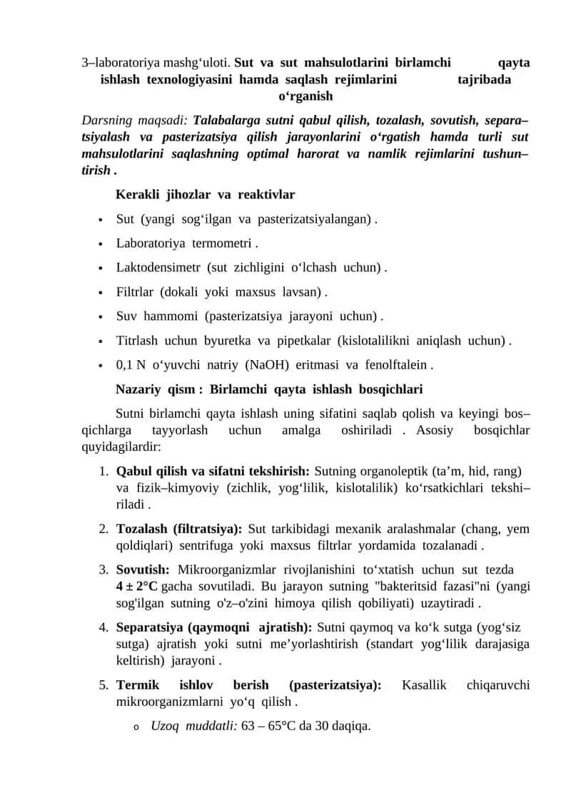 Sut va sut mahsulotlarini birlamchi qayta ishlash texnologiyasi 1