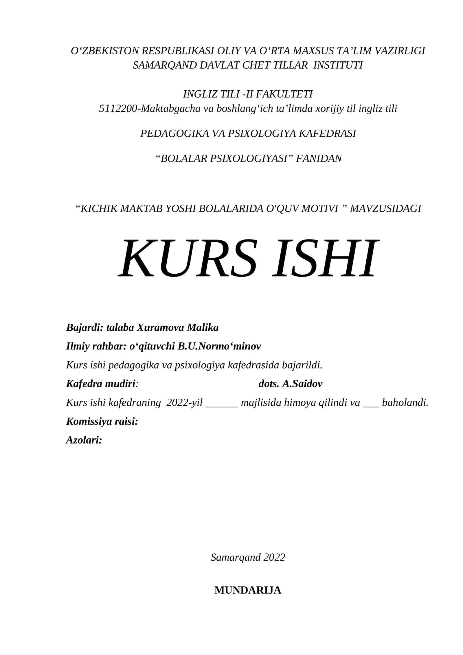 KICHIK MAKTAB YOSHI BOLALARIDA O'QUV MOTIVI 1