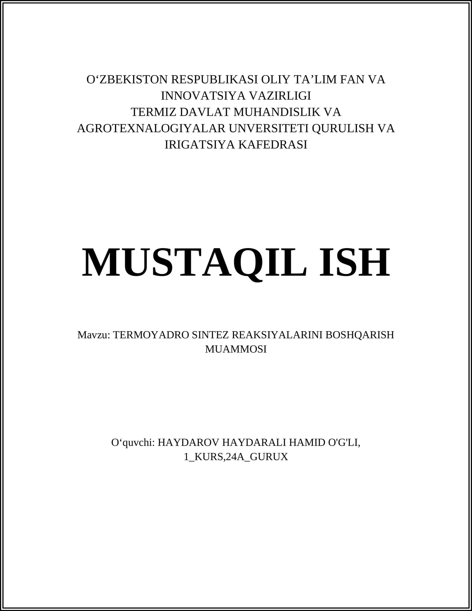 TERMOYADRO SINTEZ REAKSIYALARINI BOSHQARISH MUAMMOSI 1
