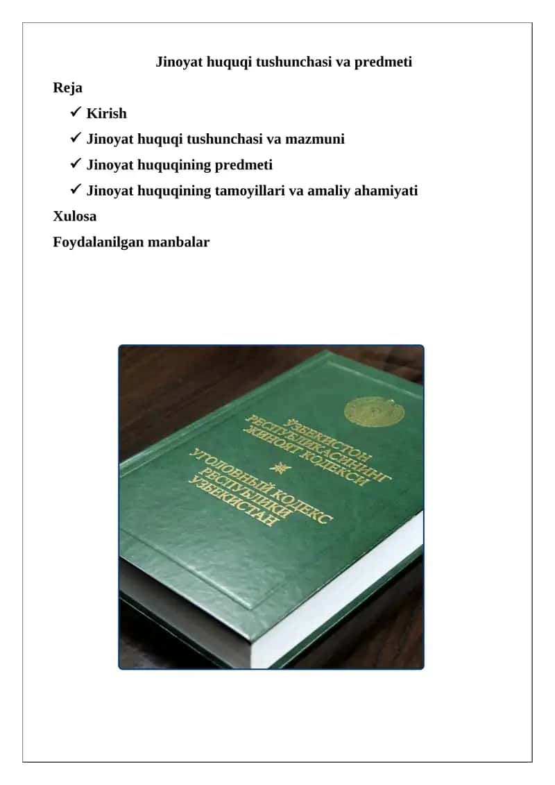 Jinoyat huquqi tushunchasi va predmeti 1