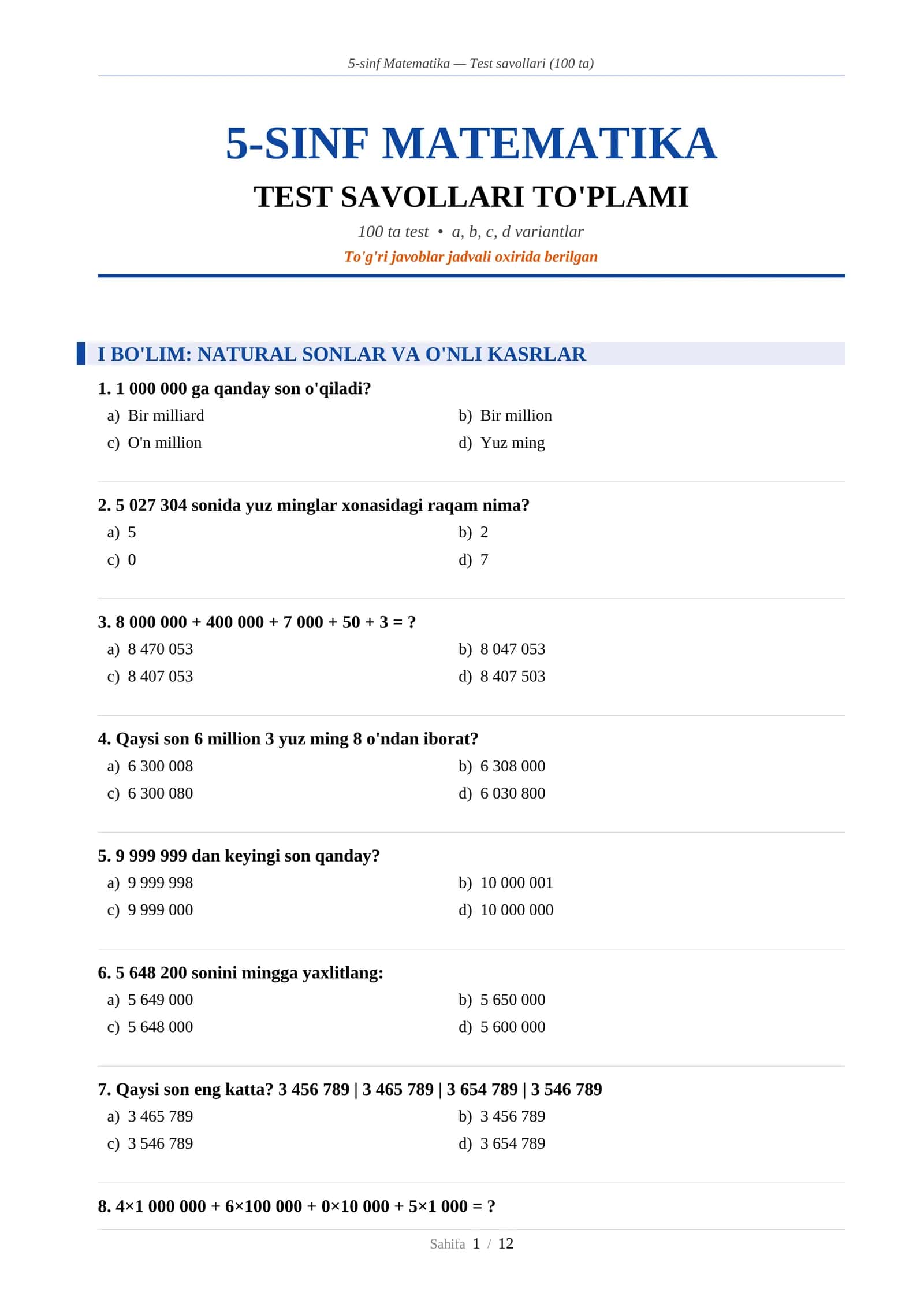5-sinf Matematika — Test savollari (100 ta) 1