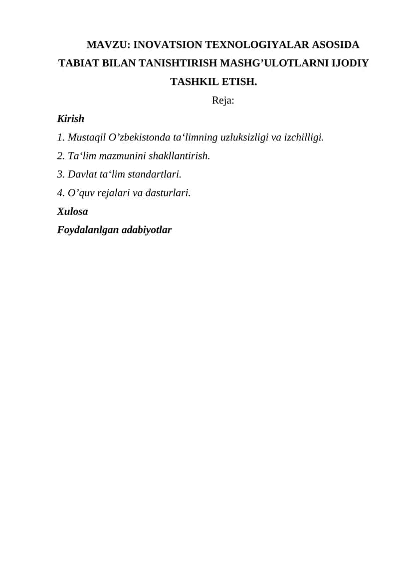 INOVATSION TEXNOLOGIYALAR ASOSIDA TABIAT BILAN TANISHTIRISH MASHG’ULOTLARNI IJODIY TASHKIL ETISH 1