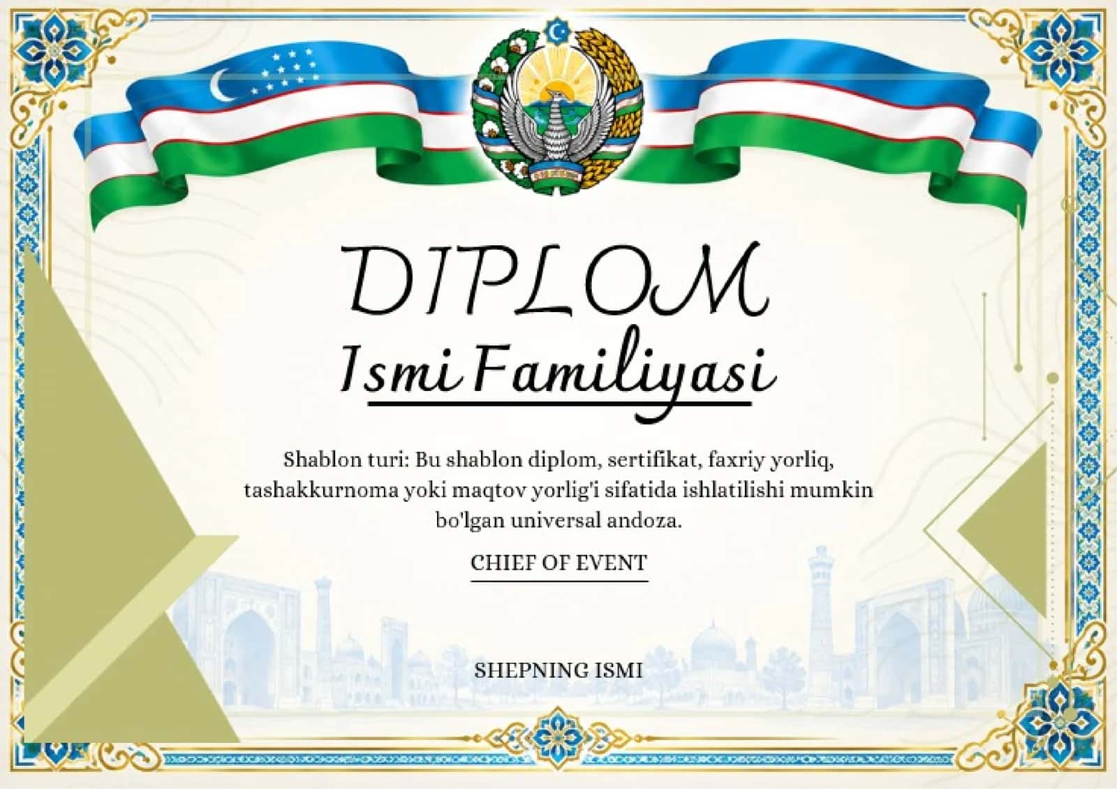 Shablon diplom, sertifikat, faxriy yorliq, tashakkurnoma yoki maqtov yorlig'i 1