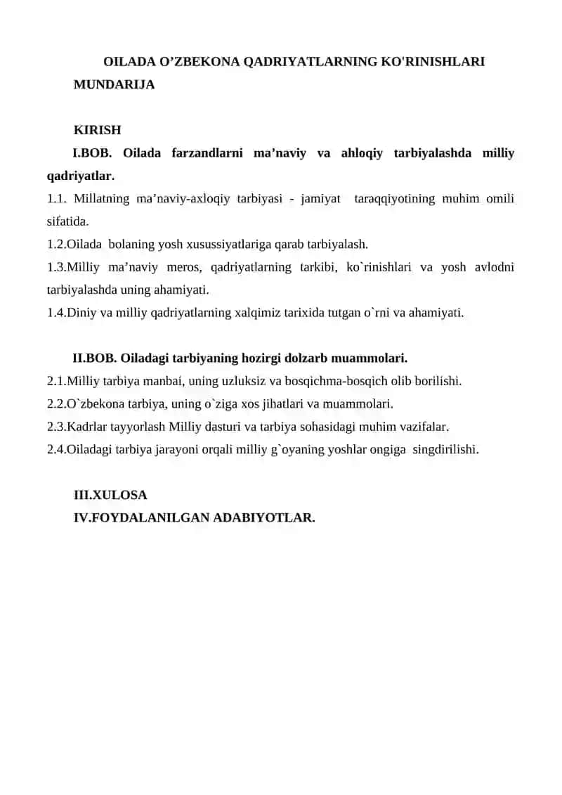 Oilada O'zbekona Qadriyatların Ko'rinishlari