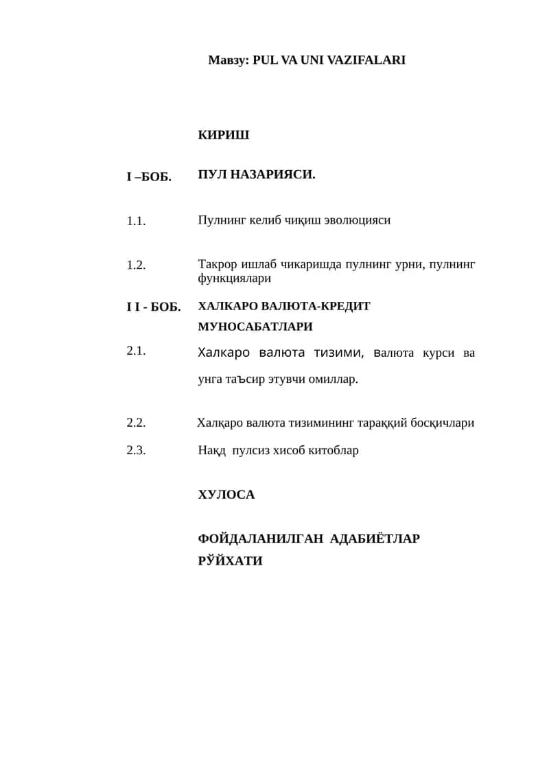 PUL VA UNI VAZIFALARI 1