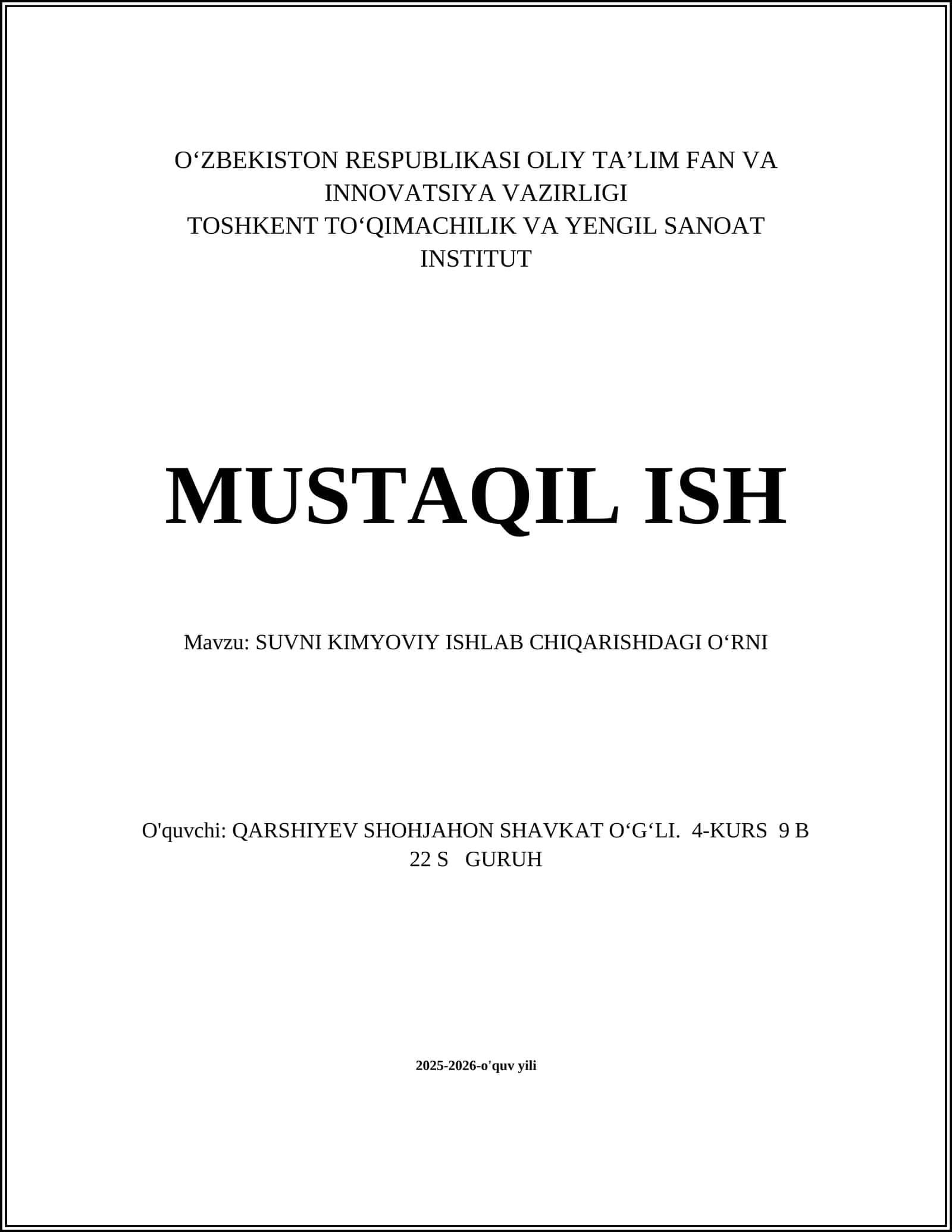 SUVNI KIMYOVIY ISHLAB CHIQARISHDAGI OʻRNI 1