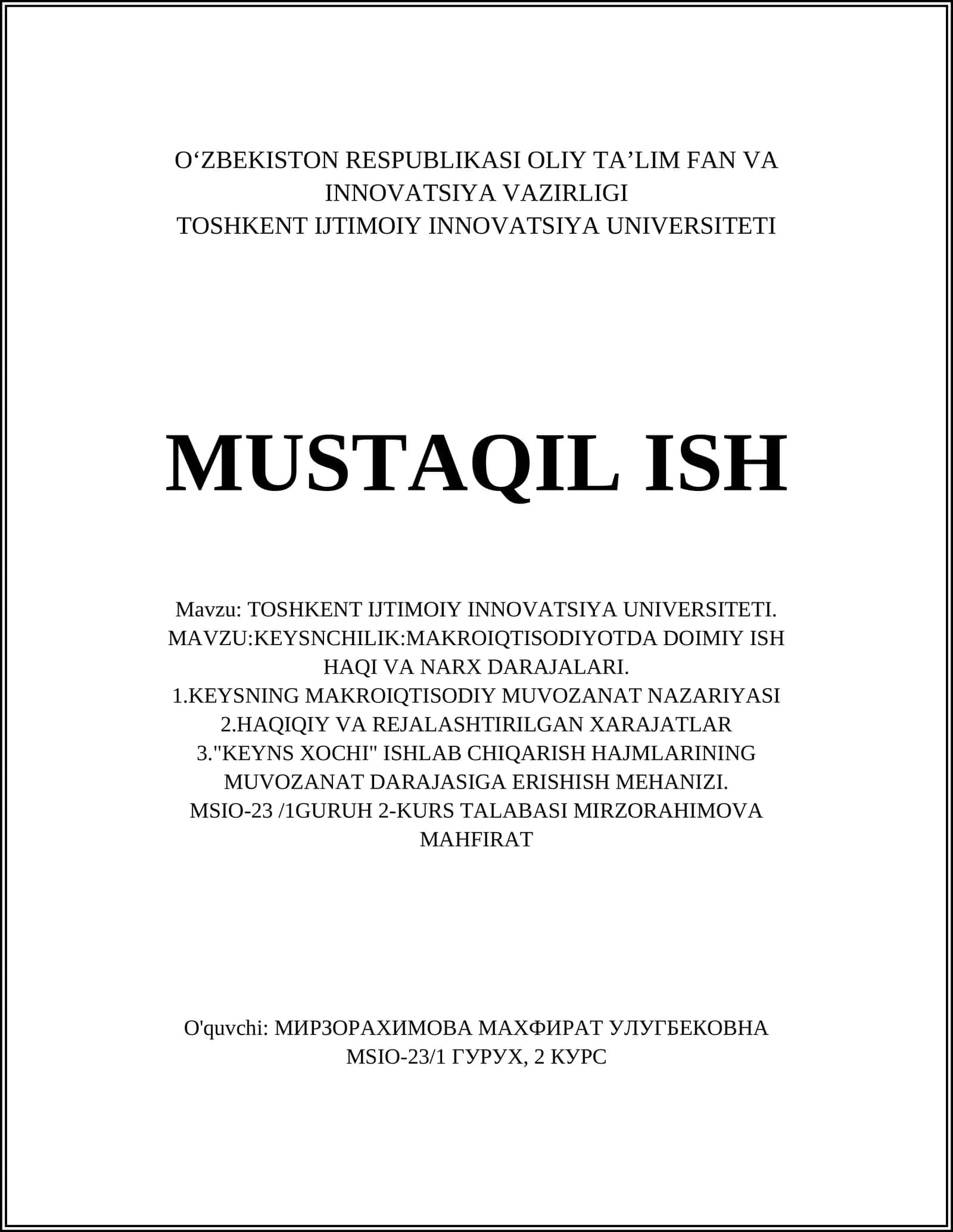 KEYNSNING MAKROIQTISODIY MUVOZANAT NAZARIYASI 1