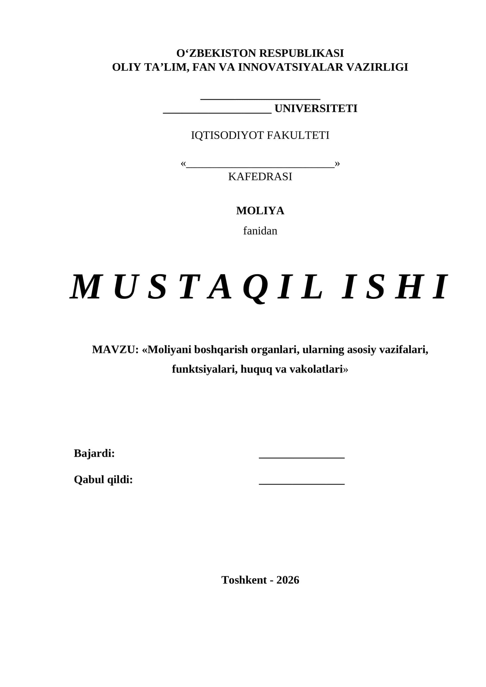 Moliyani boshqarish organlari, ularning asosiy vazifalari, funktsiyalari, huquq va vakolatlari 1