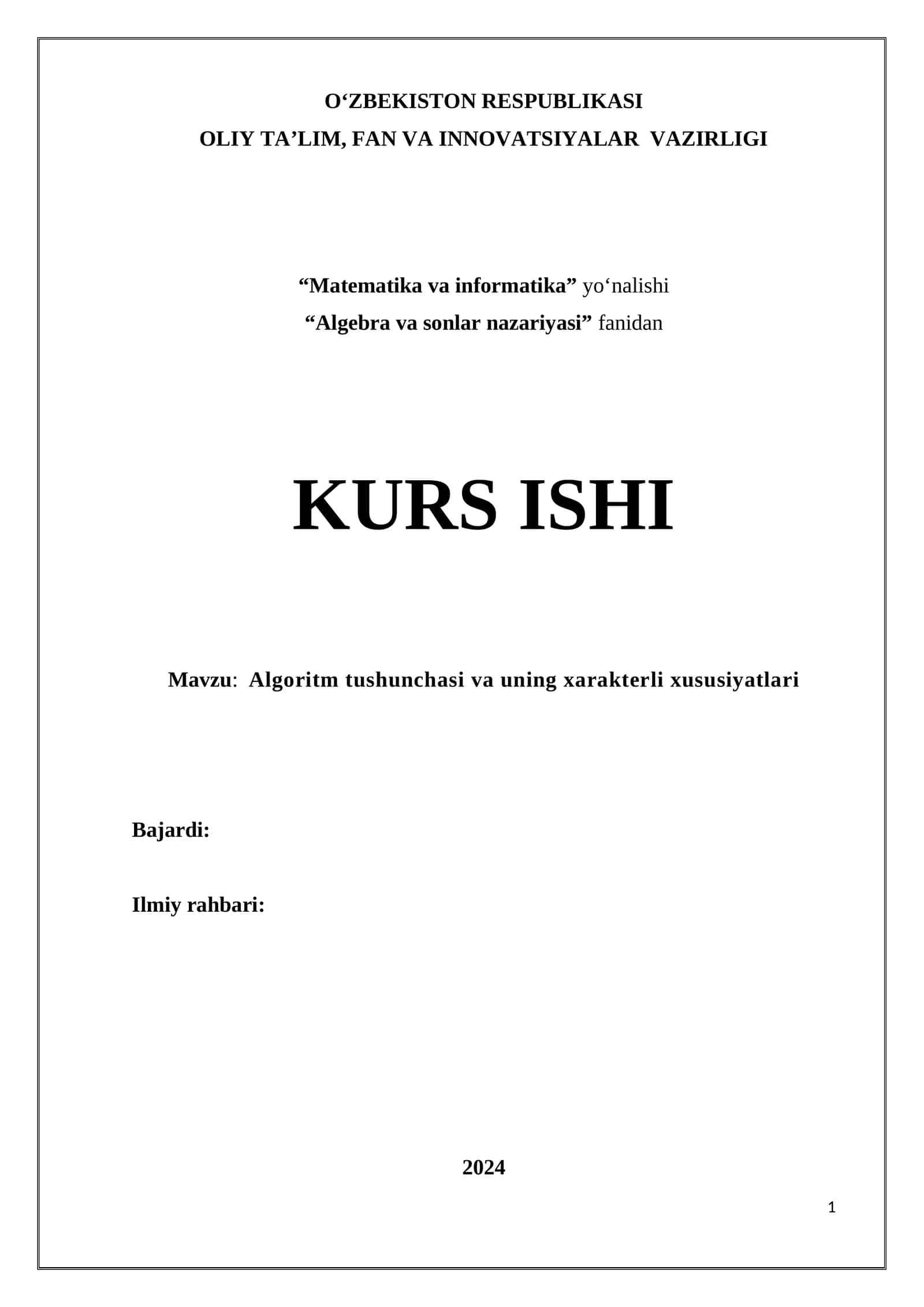 Algoritm tushunchasi va uning xarakterli xususiyatlari 1