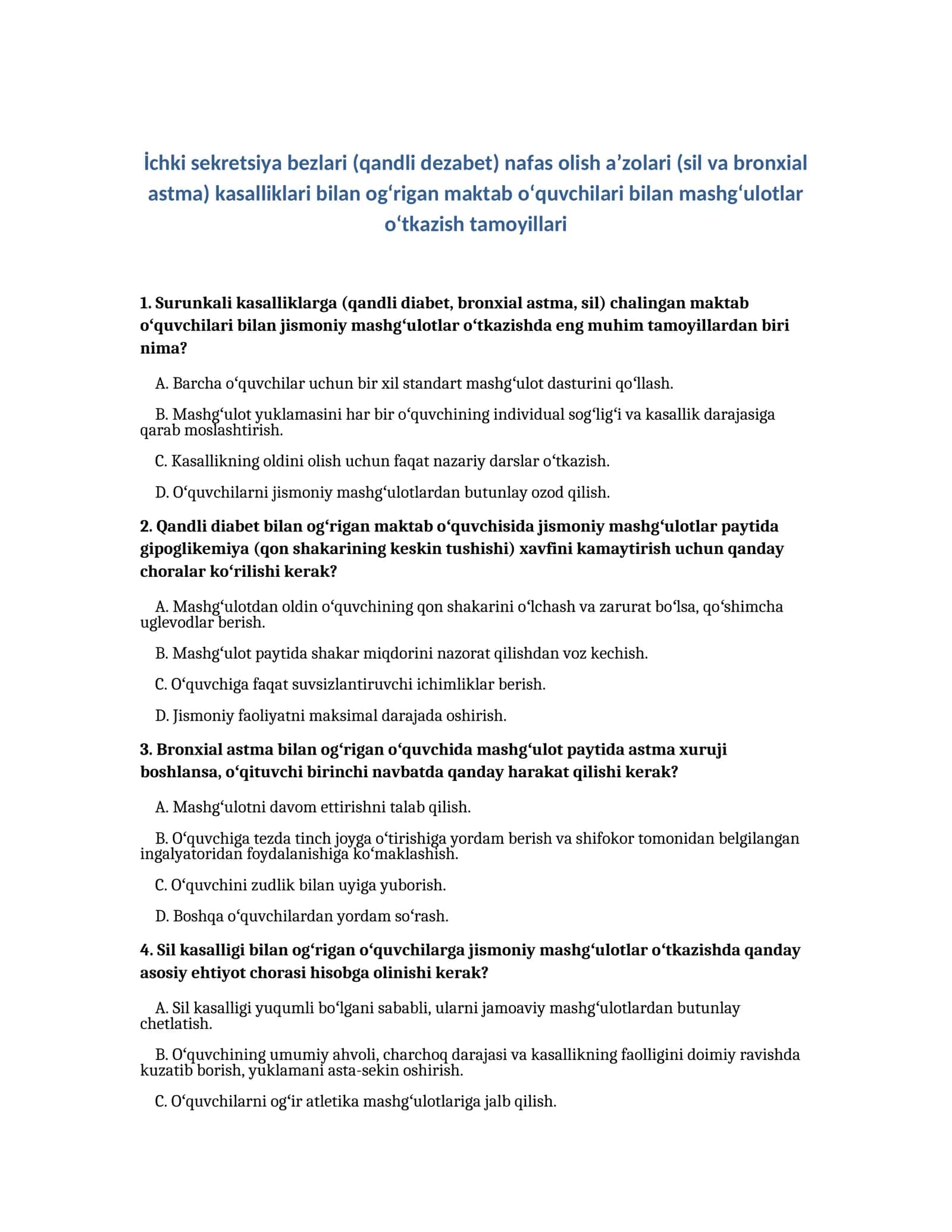 İchki sekretsiya bezlari (qandli dezabet) nafas olish aʼzolari (sil va bronxial astma) kasalliklari bilan ogʻrigan maktab oʻquvchilari bilan mashgʻulotlar oʻtkazish tamoyillari 1