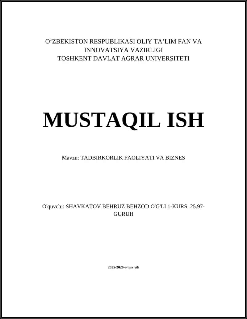 TADBIRKORLIK FAOLIYATI VA BIZNES 1