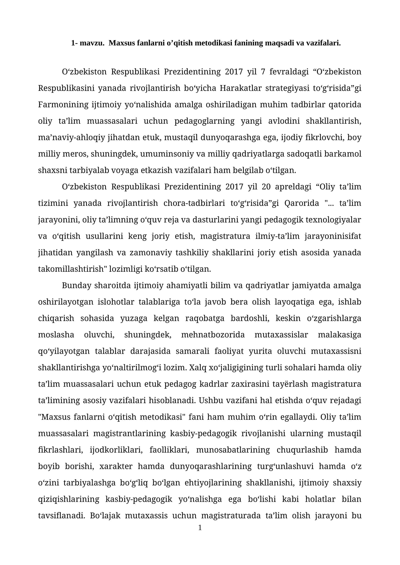 Maxsus fanlarni o’qitish metodikasi fanining maqsadi va vazifalari 1