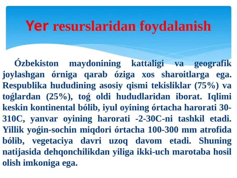 O'zbekiston tabiiy resurslarning yer yuzasida tarqalishi 1