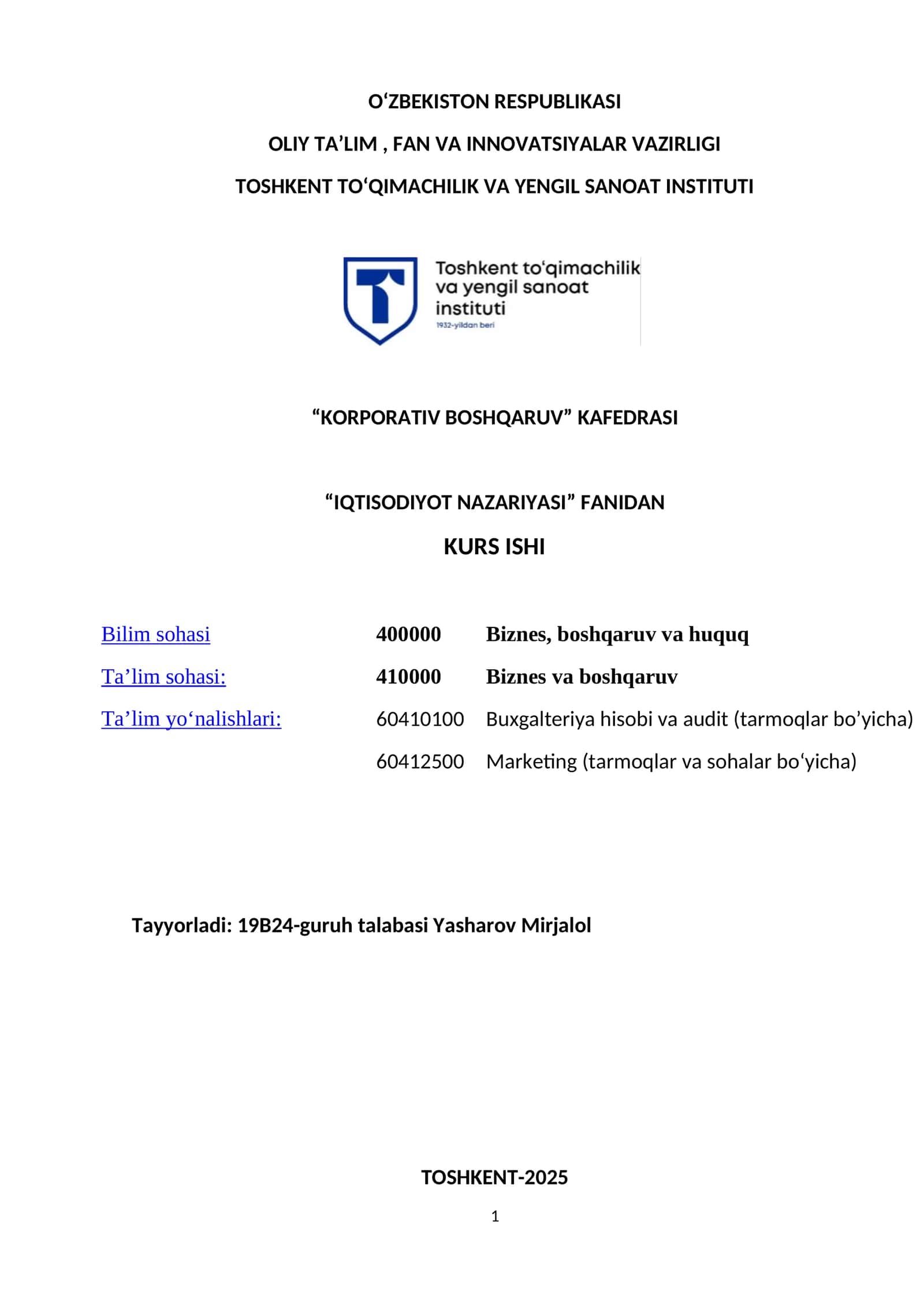 Iqtisodiyot Nazariyasi Kurs Ishi 1
