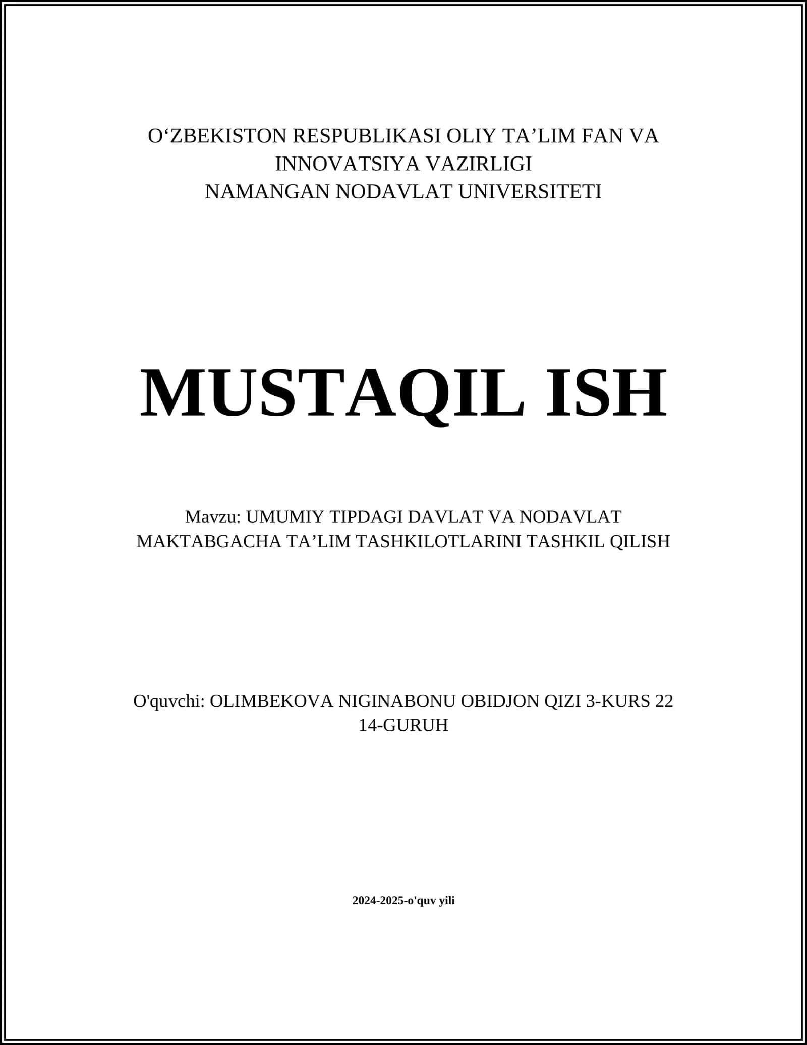 UMUMIY TIPDAGI DAVLAT VA NODAVLAT MAKTABGACHA TAʼLIM TASHKILOTLARINI TASHKIL QILISH 1