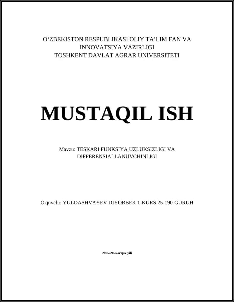 TESKARI FUNKSIYA UZLUKSIZLIGI VA DIFFERENSIALLANUVCHINLIGI 1