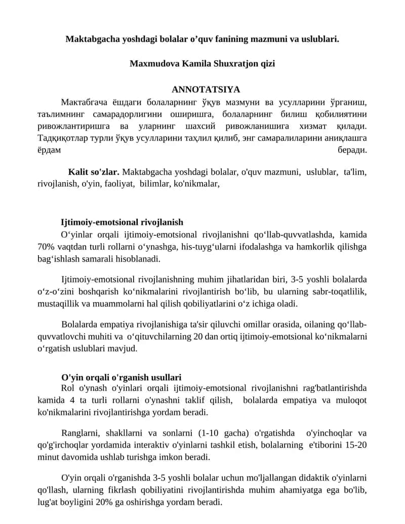 Maktabgacha yoshdagi bolalar o’quv fanining mazmuni va uslublari. 1