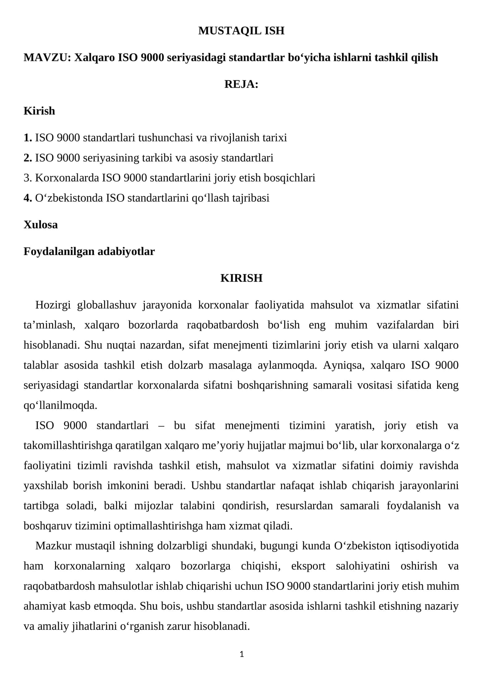 Xalqaro ISO 9000 seriyasidagi standartlar bo‘yicha ishlarni tashkil qilish 1
