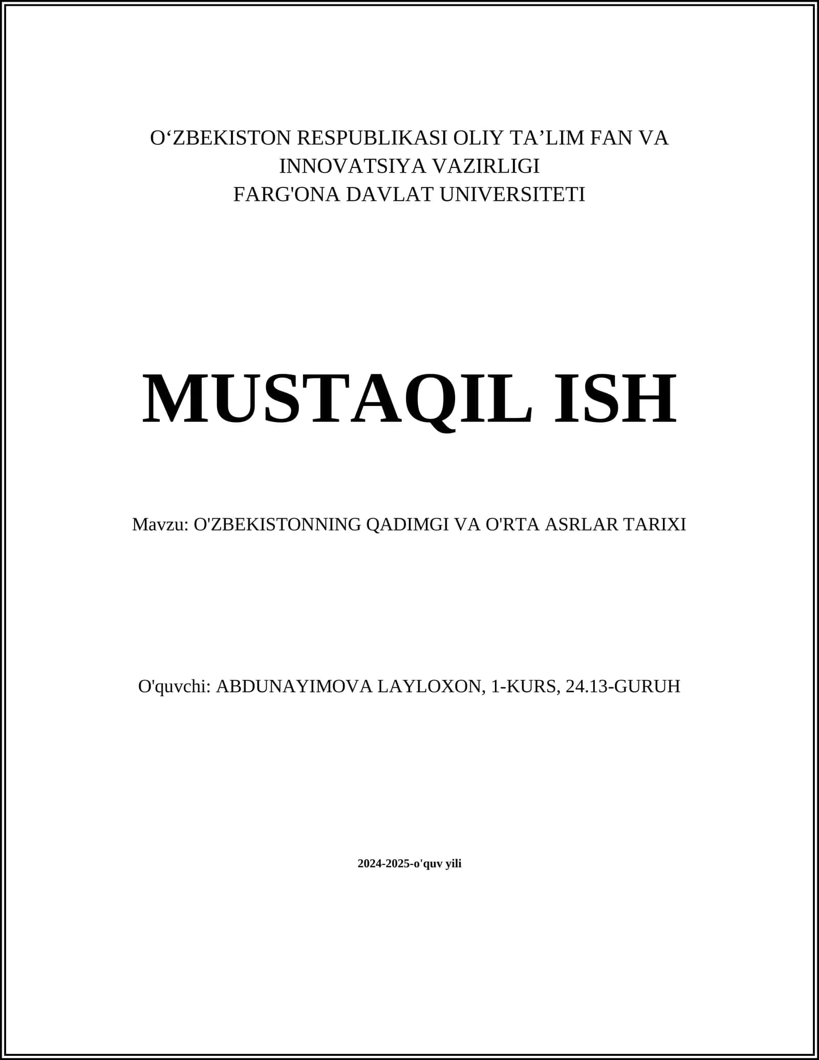 O'ZBEKISTONNING QADIMGI VA O'RTA ASRLAR TARIXI 1