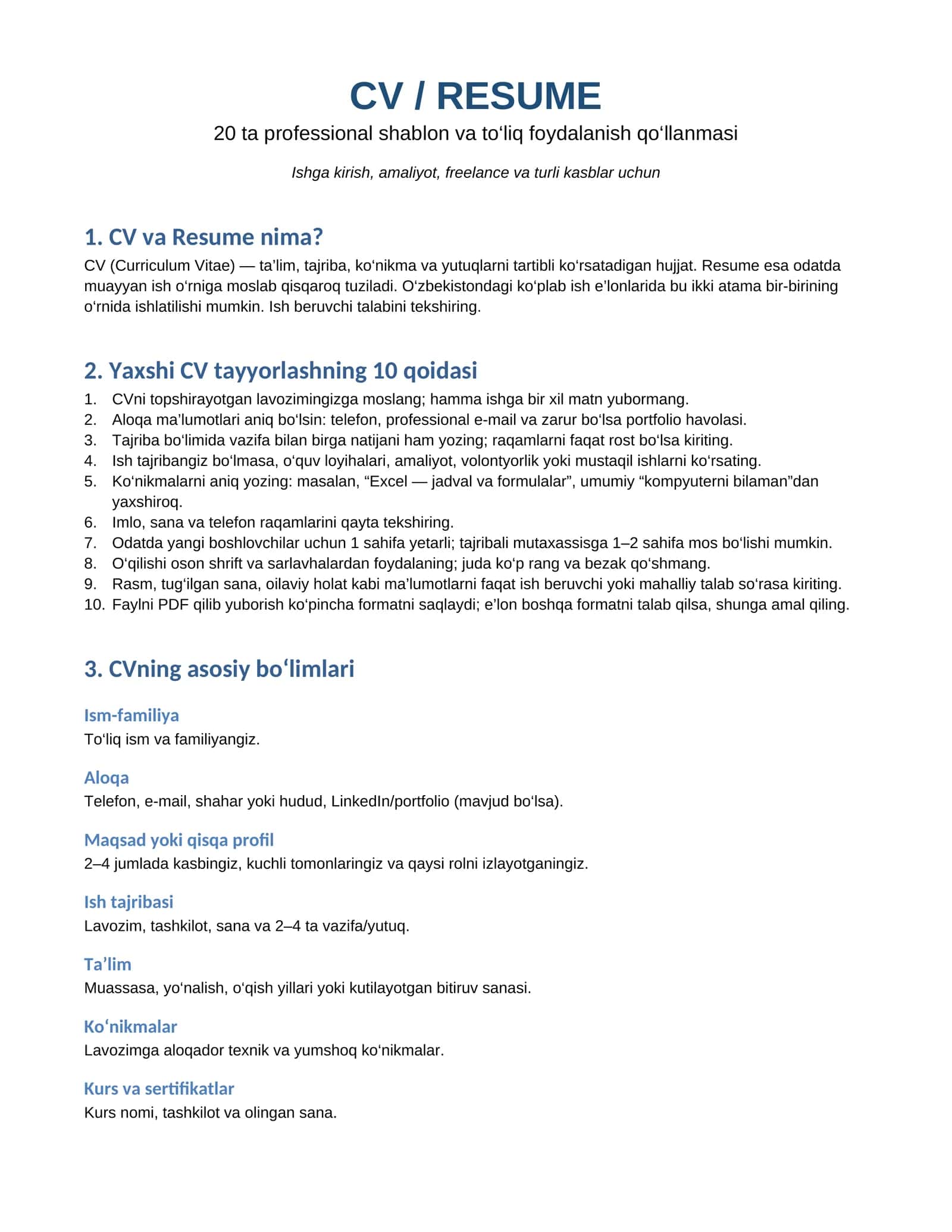 CV / RESUME 20 ta professional shablon 1