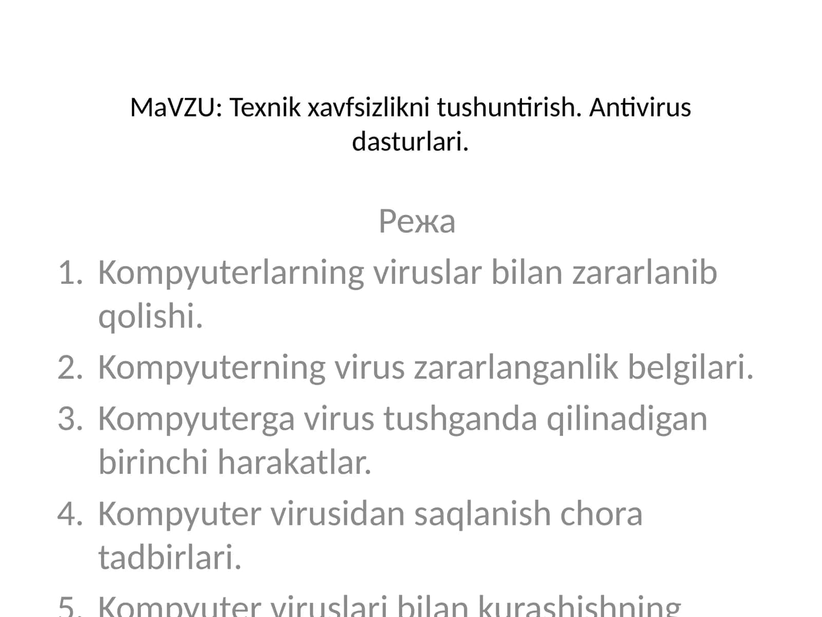 MaVZU: Texnik xavfsizlikni tushuntirish. Antivirus dasturlari 1