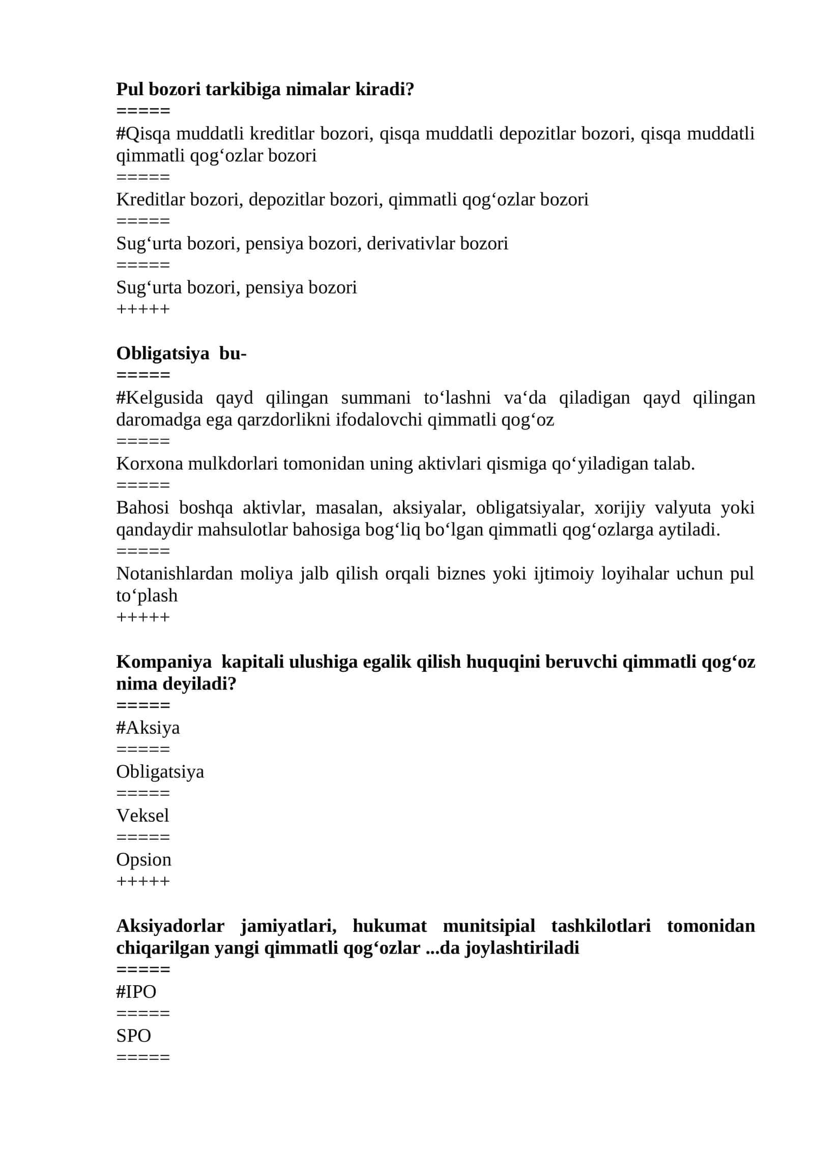 Moliya asoslari test 1