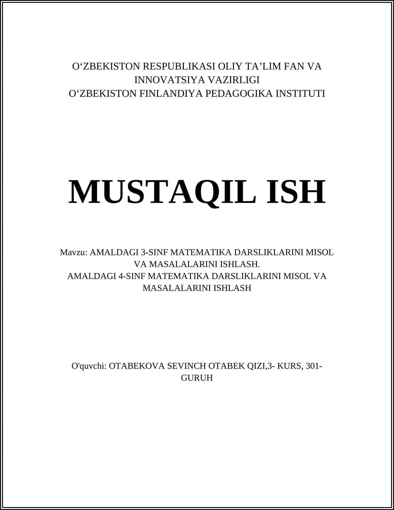 AMALDAGI 3-SINF MATEMATIKA DARSLIKLARINI MISOL VA MASALALARINI ISHLASH 1