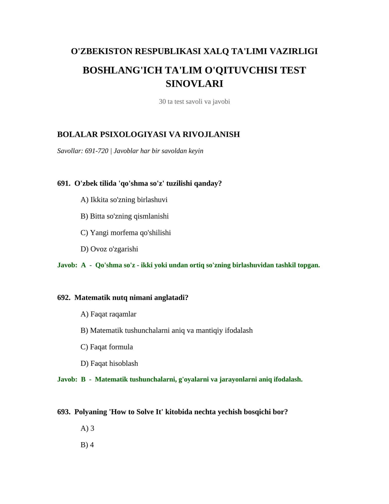 BOSHLANG'ICH TA'LIM O'QITUVCHISI TEST SINOVLARI 1