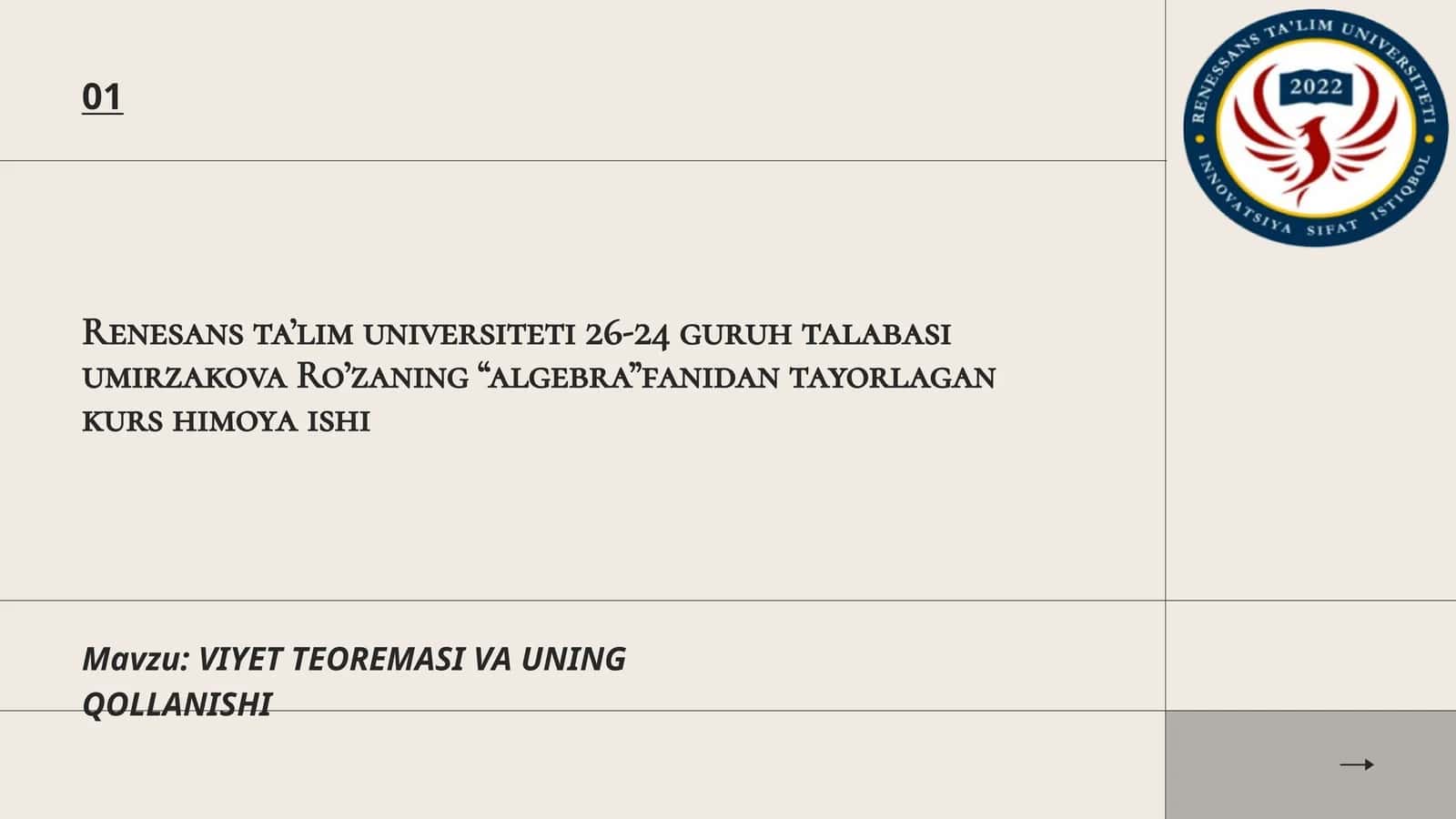 VIYET TEOREMASI VA UNING QOLLANISHI 1