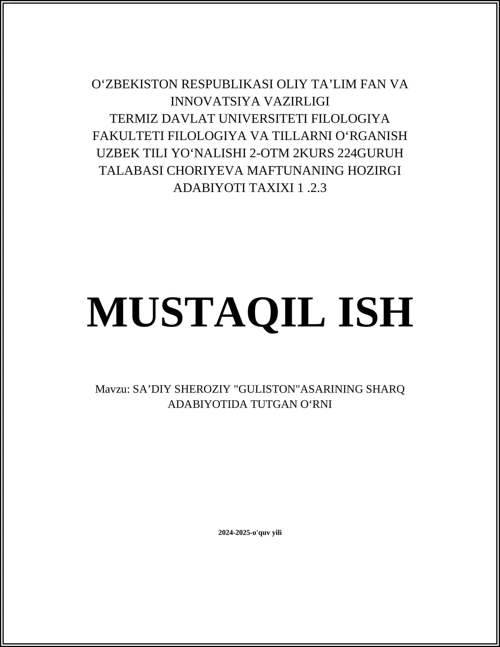 SAʼDIY SHEROZIY "GULISTON"ASARINING SHARQ ADABIYOTIDA TUTGAN OʻRNI 1