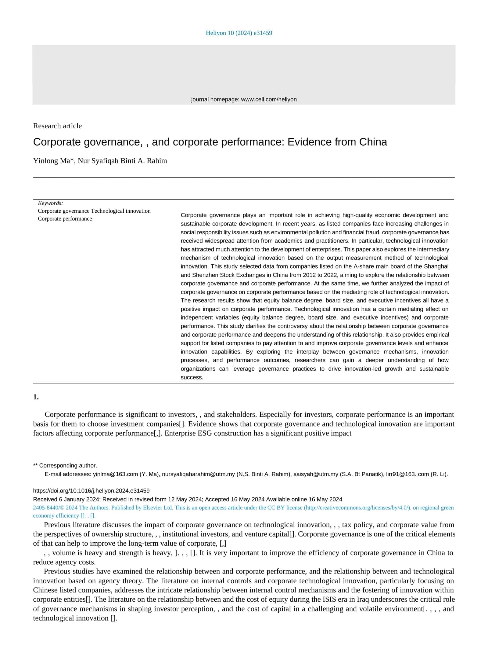 Corporate governance and corporate performance: Evidence from China 1