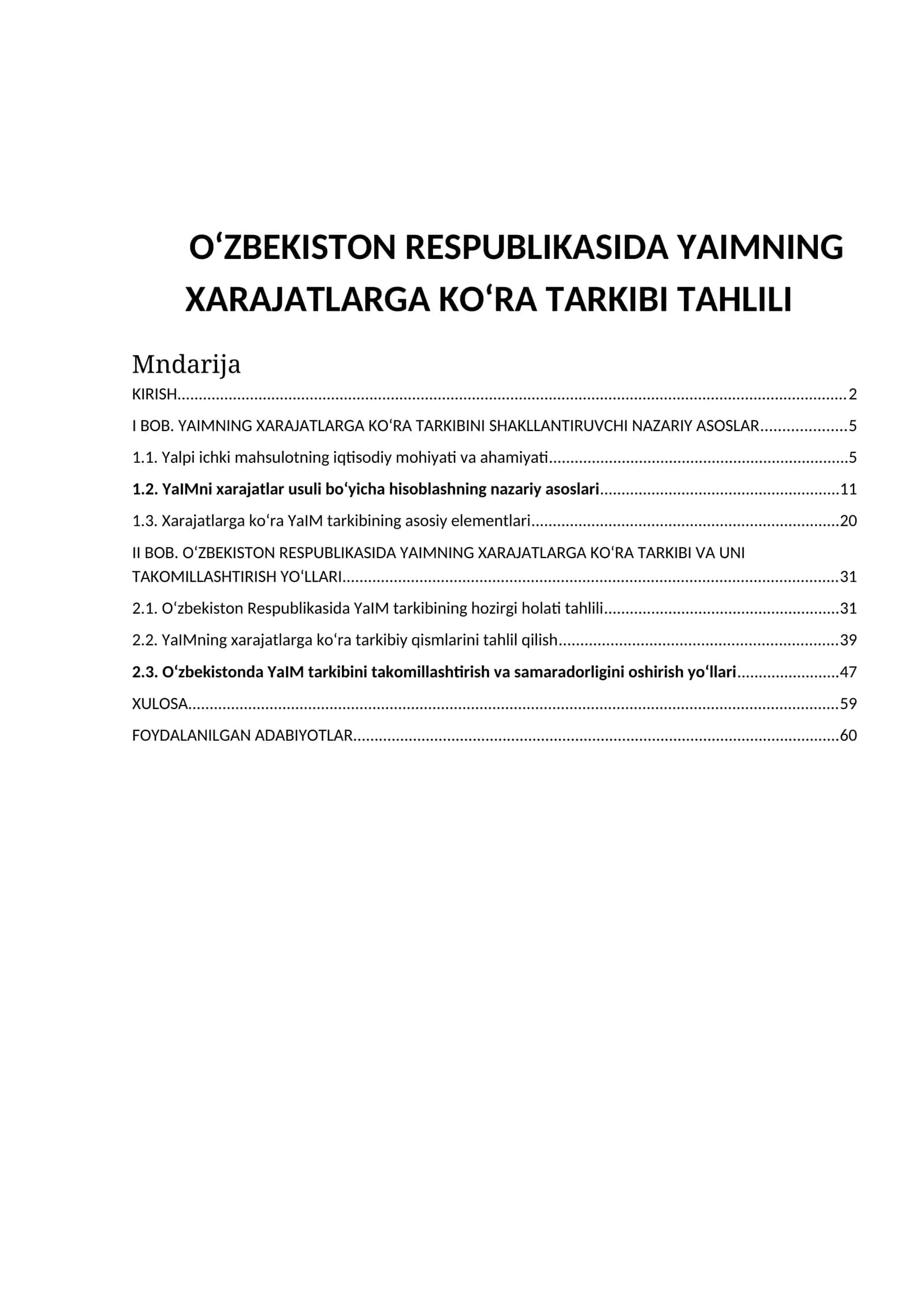 O‘ZBEKISTON RESPUBLIKASIDA YAIMNING XARAJATLARGA KO‘RA TARKIBI TAHLILI 1