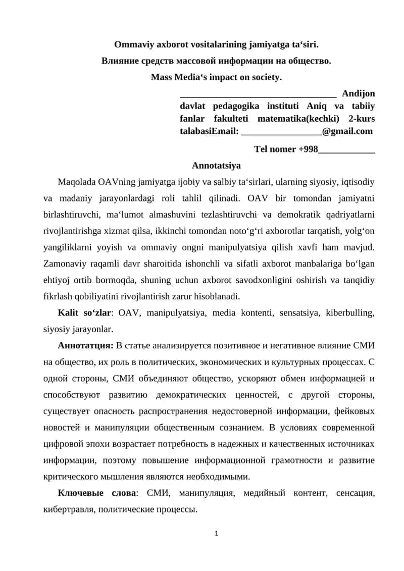 Ommaviy axborot vositalarining jamiyatga ta‘siri 1