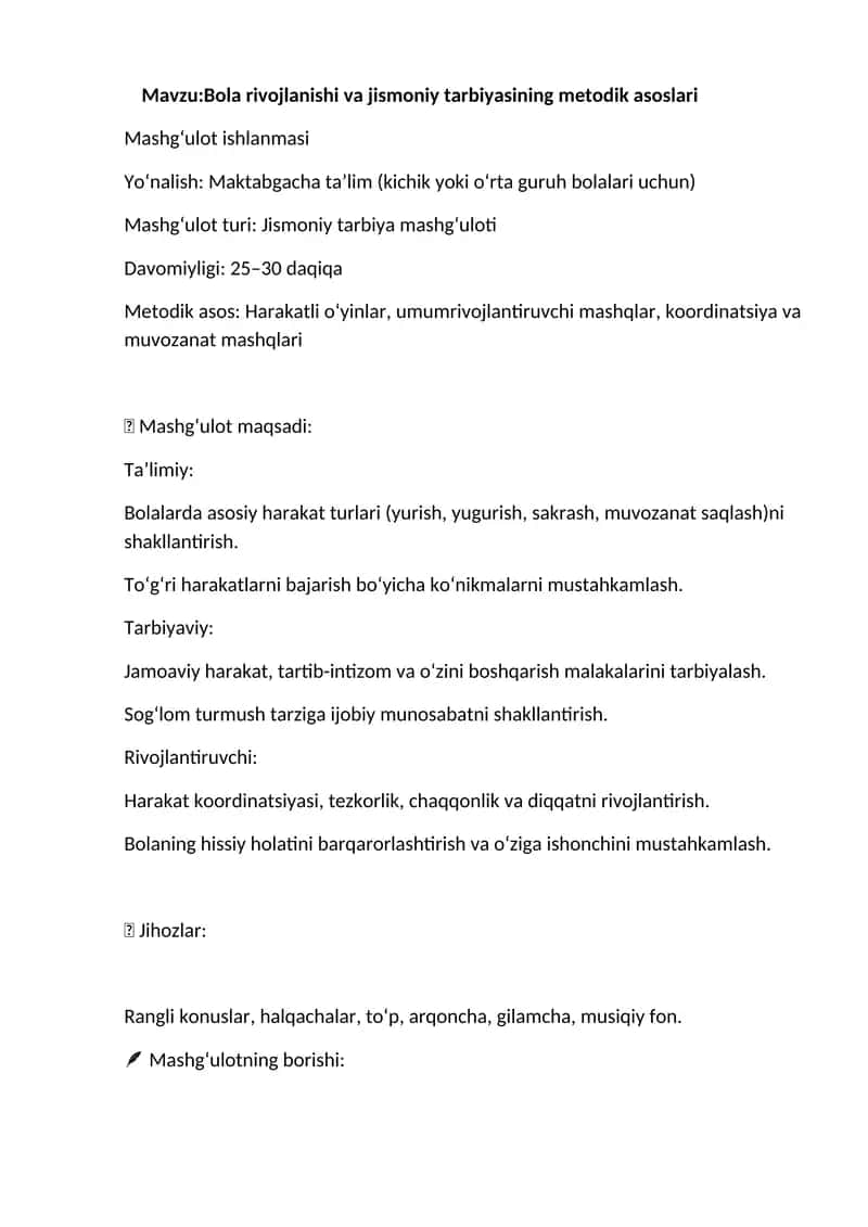 Bola rivojlanishi va jismoniy tarbiyasining metodik asoslari 1