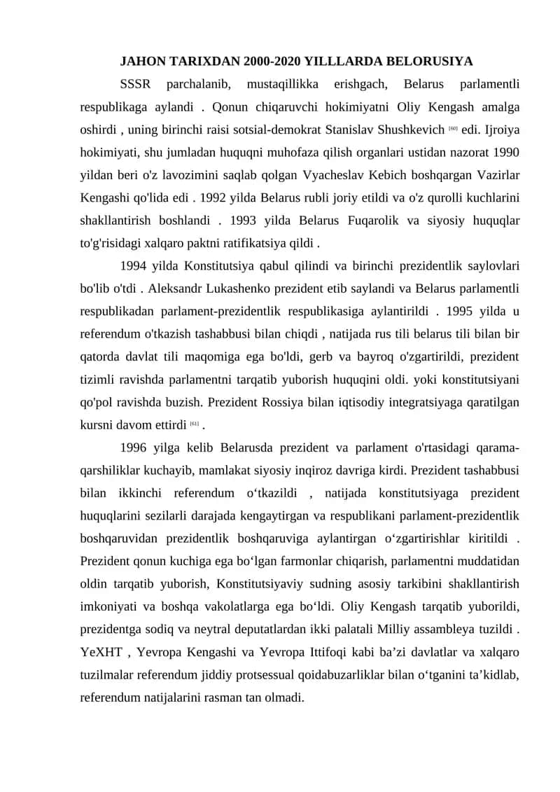 JAHON TARIXDAN 2000-2020 YILLLARDA BELORUSIYA 1