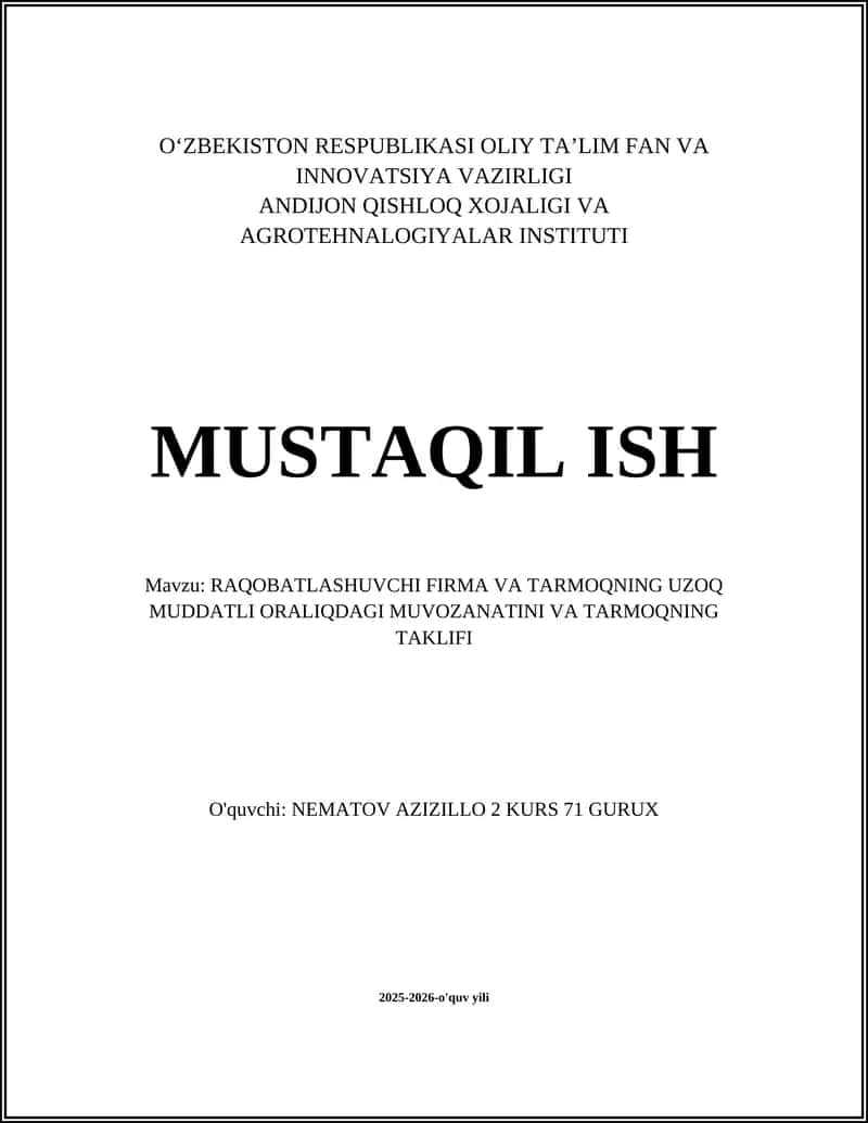 RAQOBATLASHUVCHI FIRMA VA TARMOQNING UZOQ MUDDATLI ORALIQDAGI MUVOZANAT 1