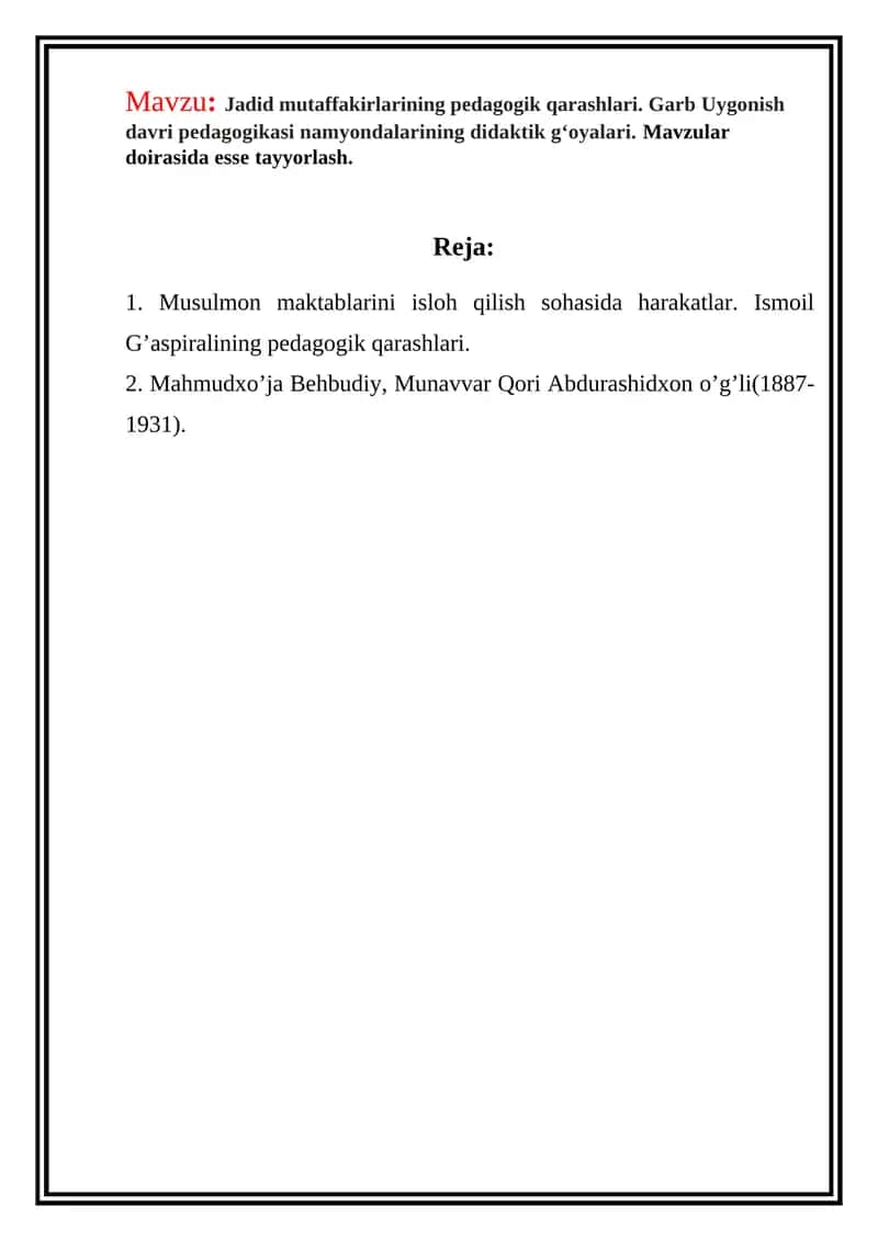 Musulmon maktablarini isloh qilish sohasida harakatlar 1