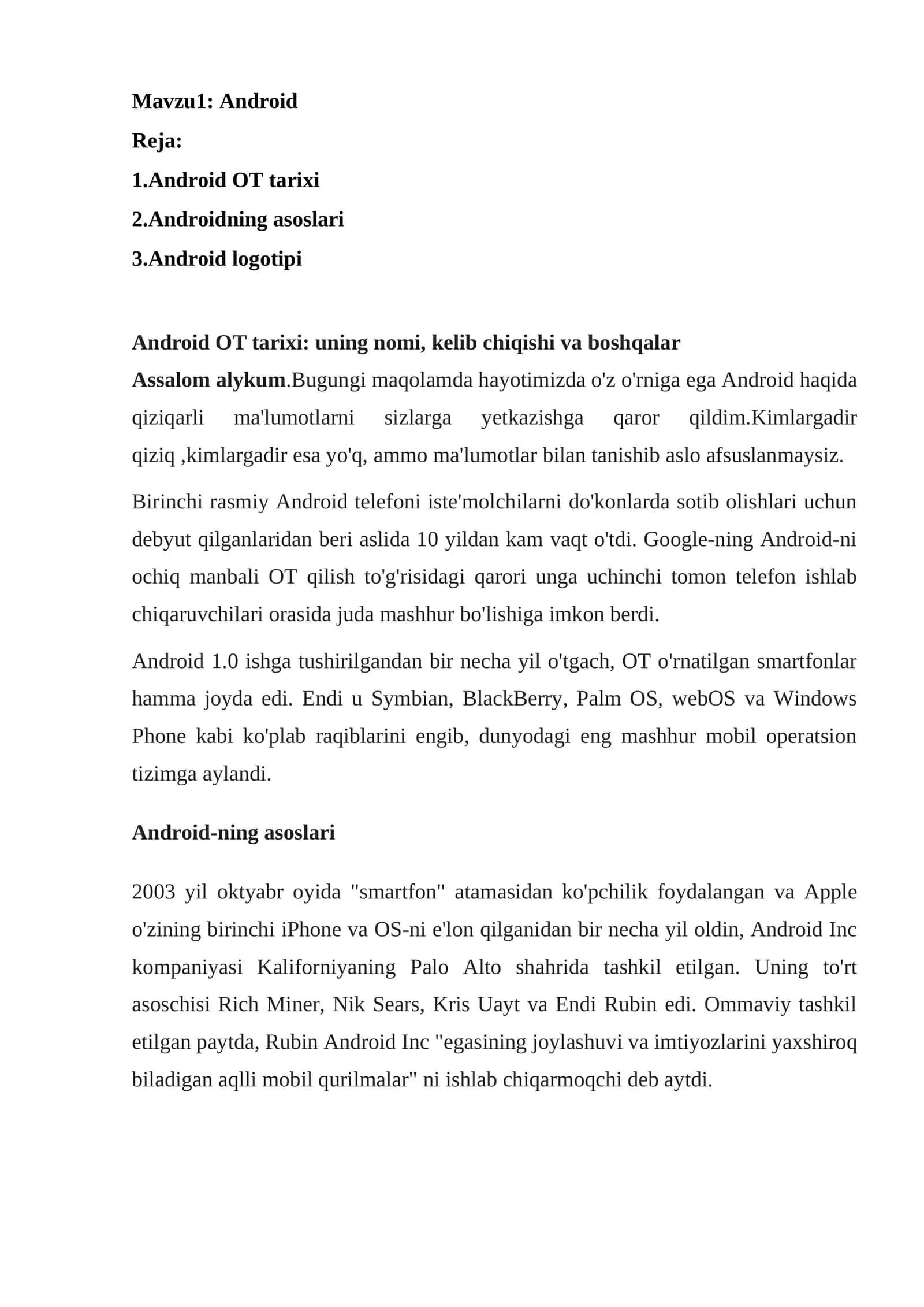 Mobil qurilmalarni dasturlash 1