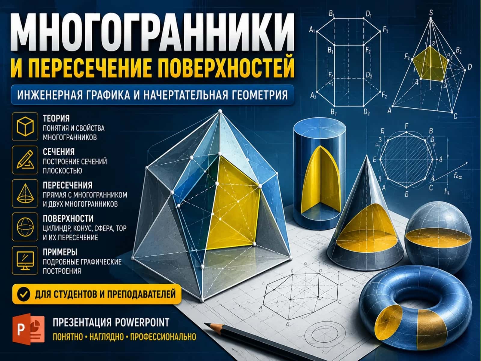 Многогранники и пересечение поверхностей | Инженерная графика и начертательная геометрия (PPTX) 1